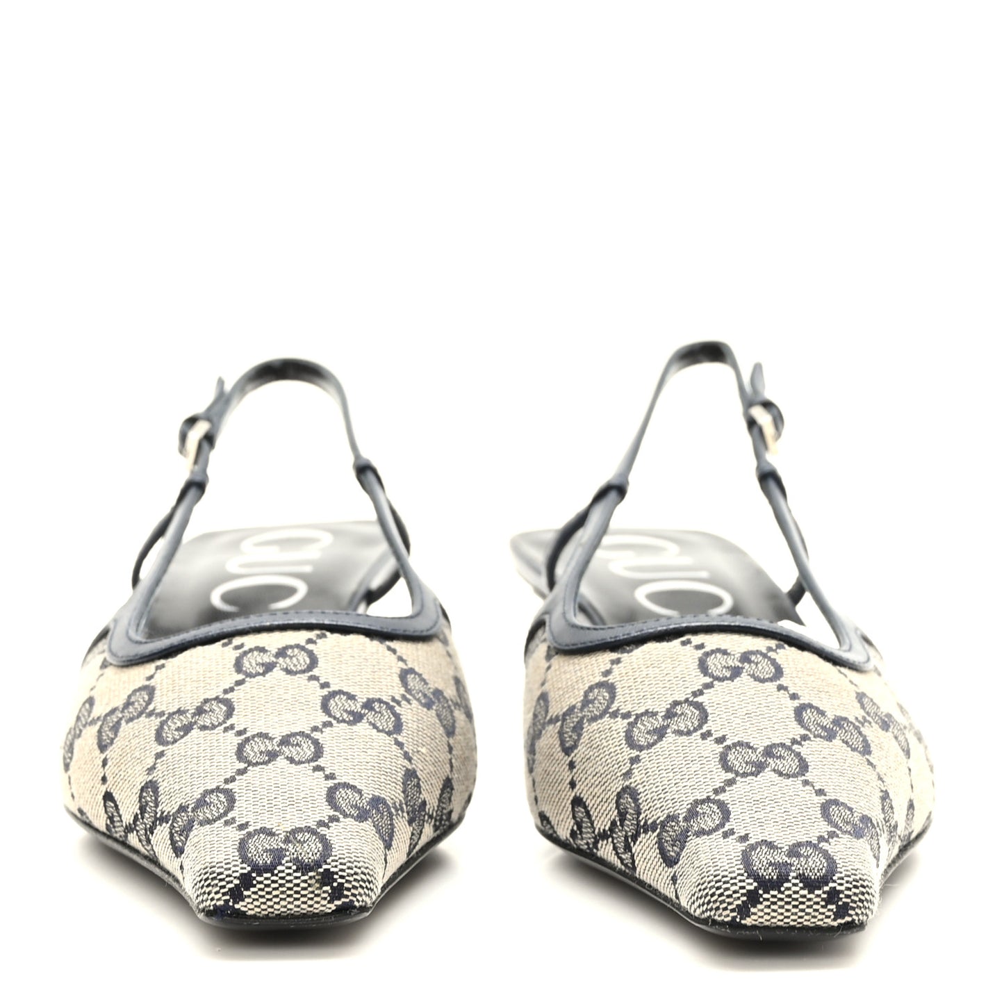 GG Monogram Malaga Kid Square G 75mm Slingback Pumps 37 Beige Blue