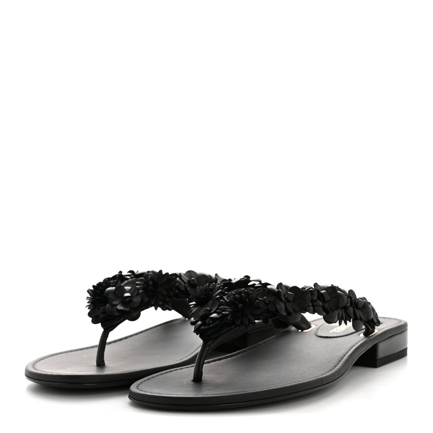 Lambskin Camellia Thong Sandals 38.5 Black