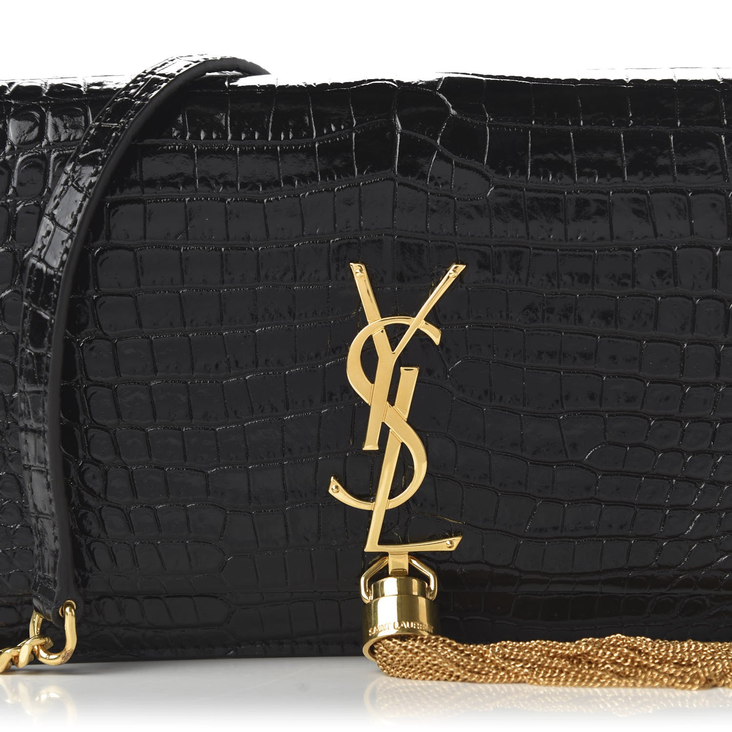 Saint Laurent Calfskin Crocodile Embossed Kate Monogram Tassel Chain Wallet Black 9 of 10