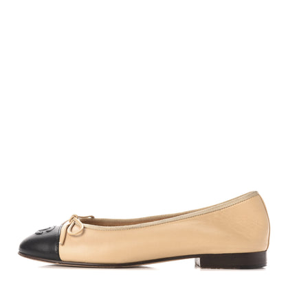 Chanel Lambskin Cap Toe CC Ballerina Flats 36 Beige Black 1 of 10