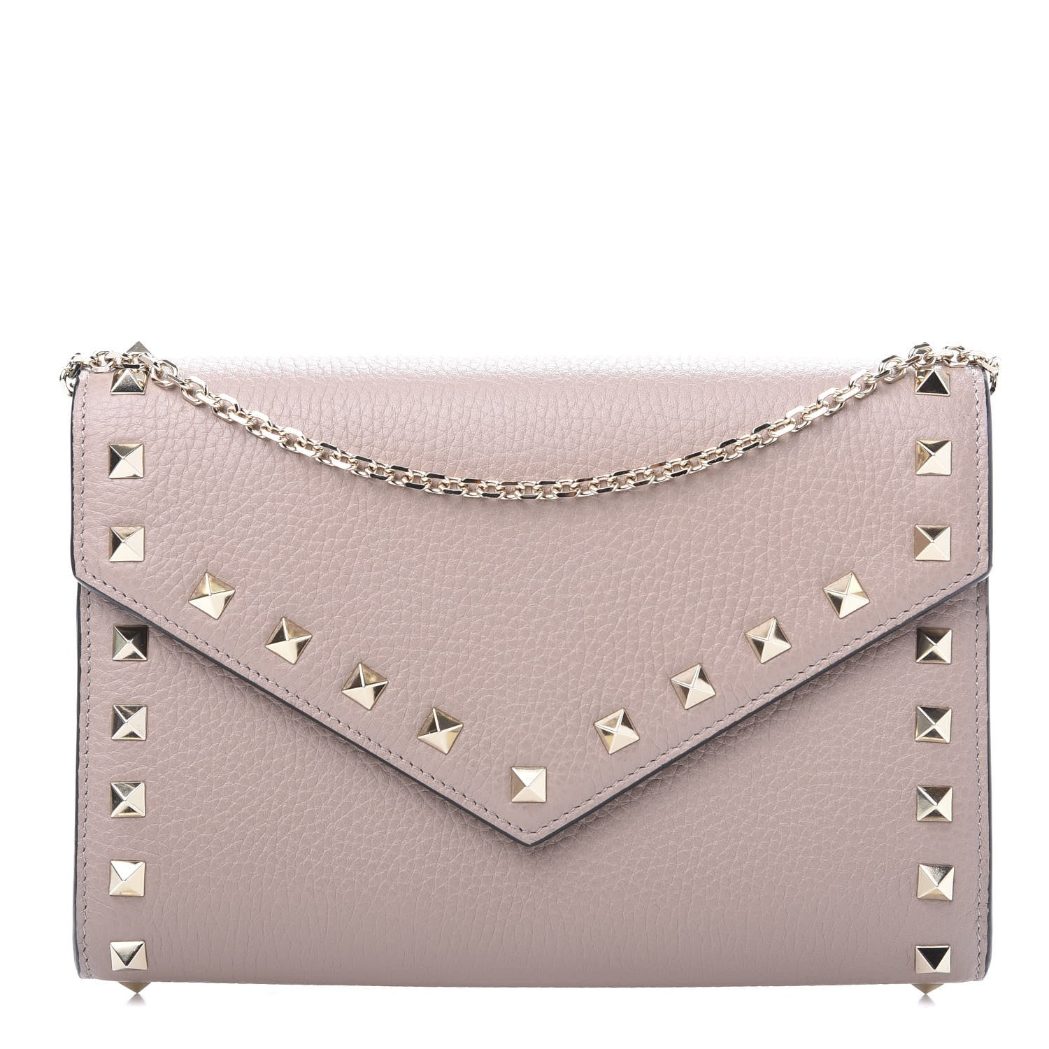 Valentino Garavani Pebbled Calfskin Rockstud Envelope Wallet on Chain Poudre 1 of 12