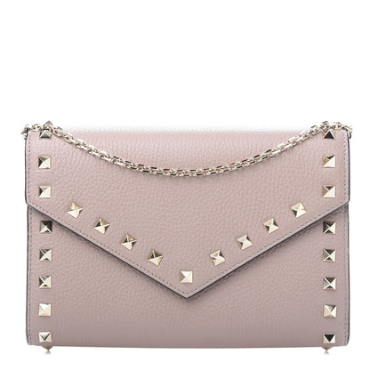 Valentino Garavani Pebbled Calfskin Rockstud Envelope Wallet on Chain Poudre 1 of 12