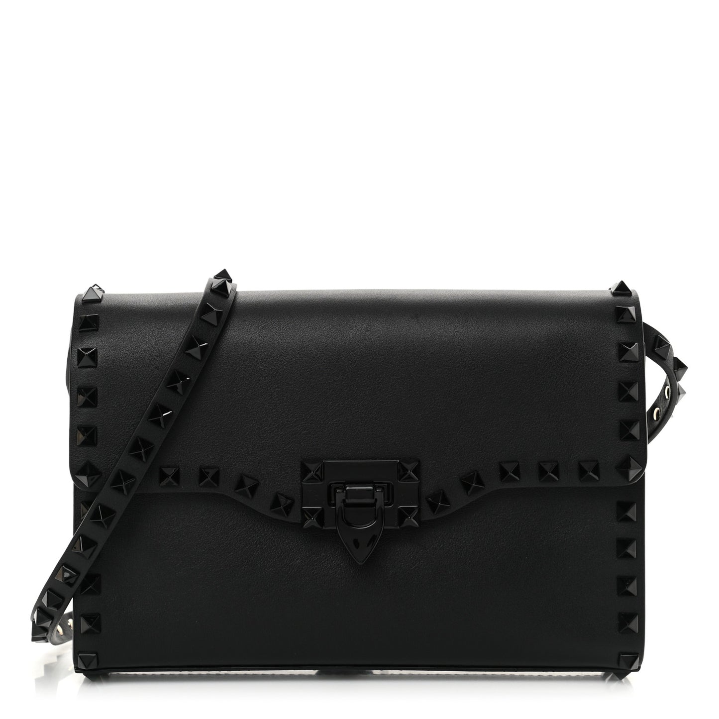 Vitello Monochrome Medium Rockstud Flip Lock Crossbody Bag Black