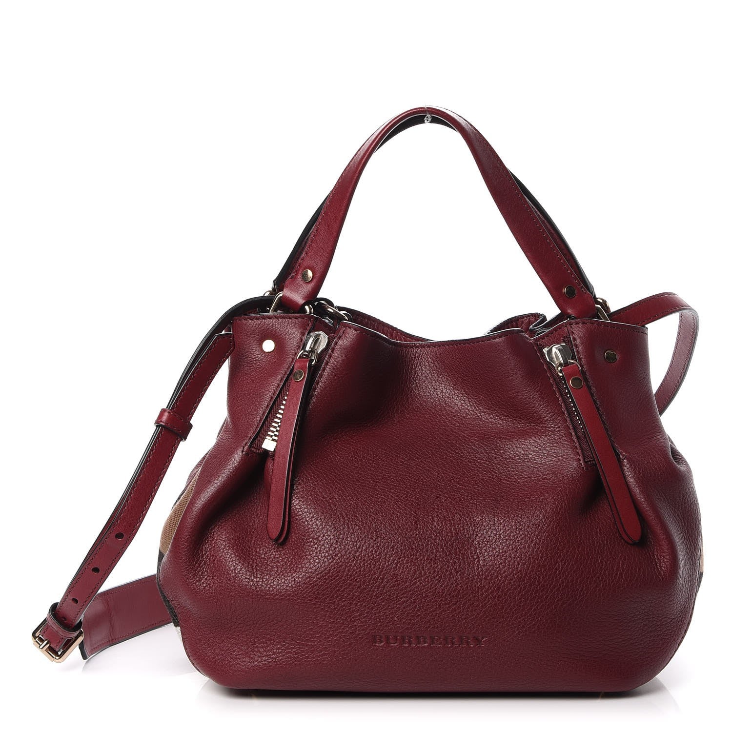 Burberry Grainy Calfskin House Check Small Maidstone Burgundy Red 1 of 11