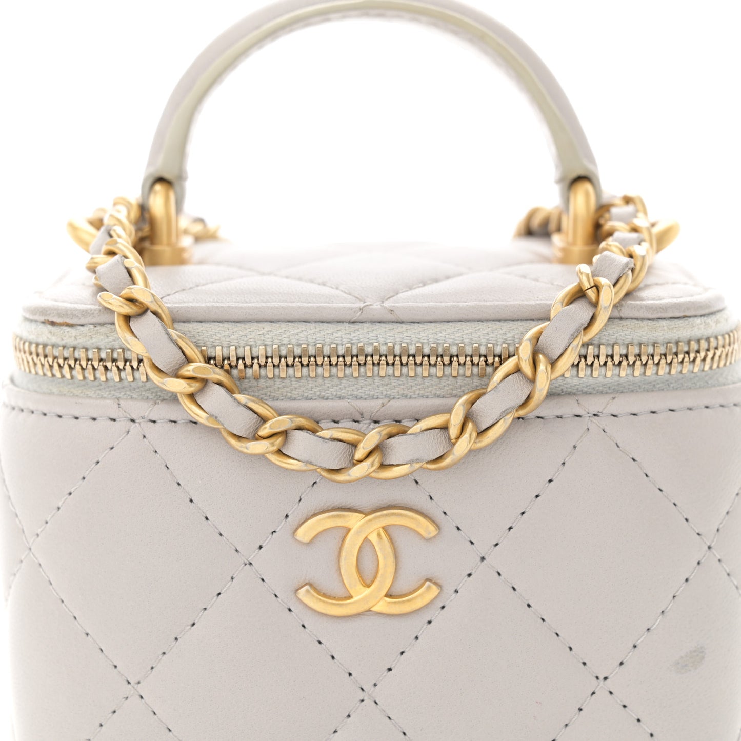 Lambskin Quilted Top Handle Mini Vanity Case With Chain Grey