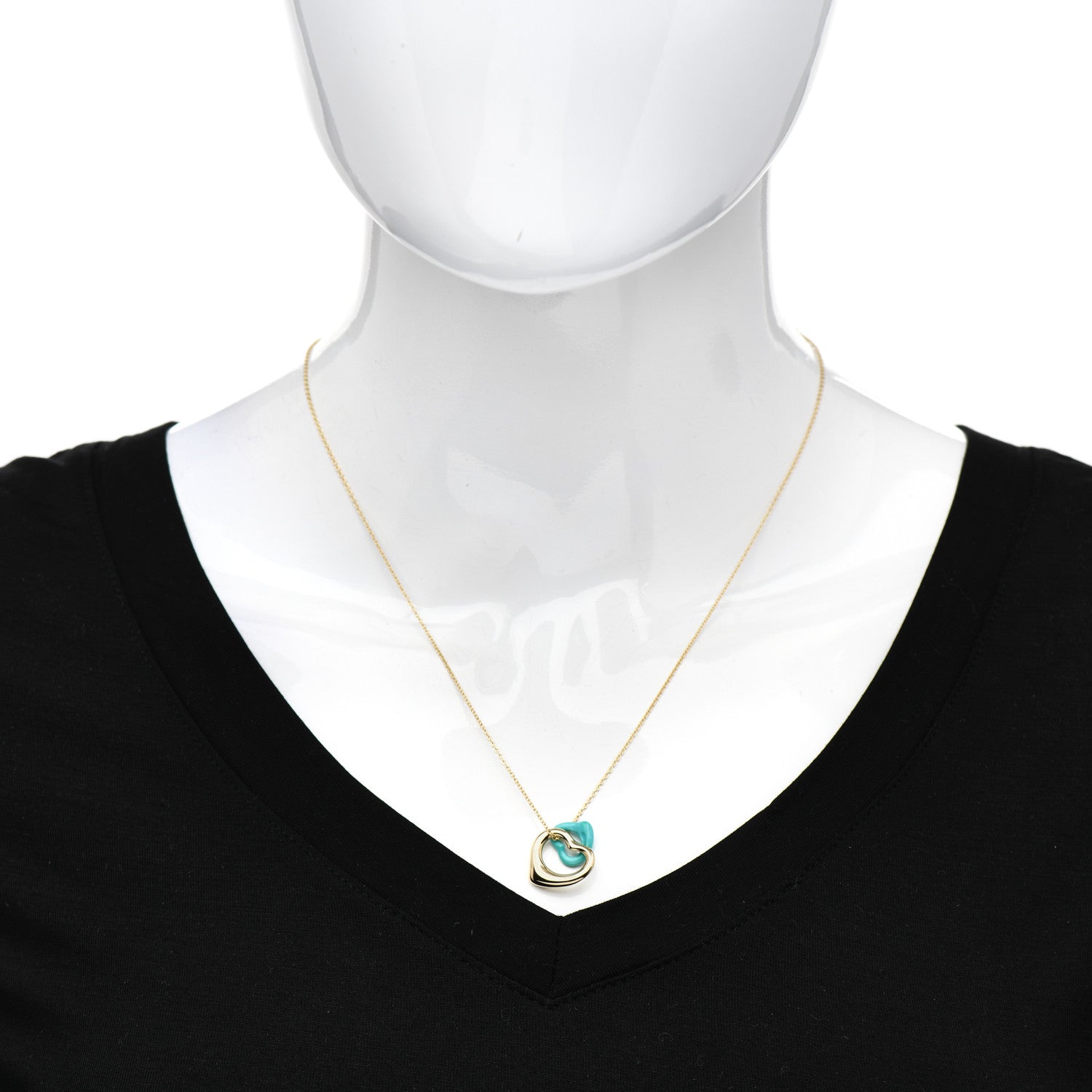 Tiffany 18K Yellow Gold Turquoise Elsa Peretti Double Open Heart Pendant Necklace 2 of 5