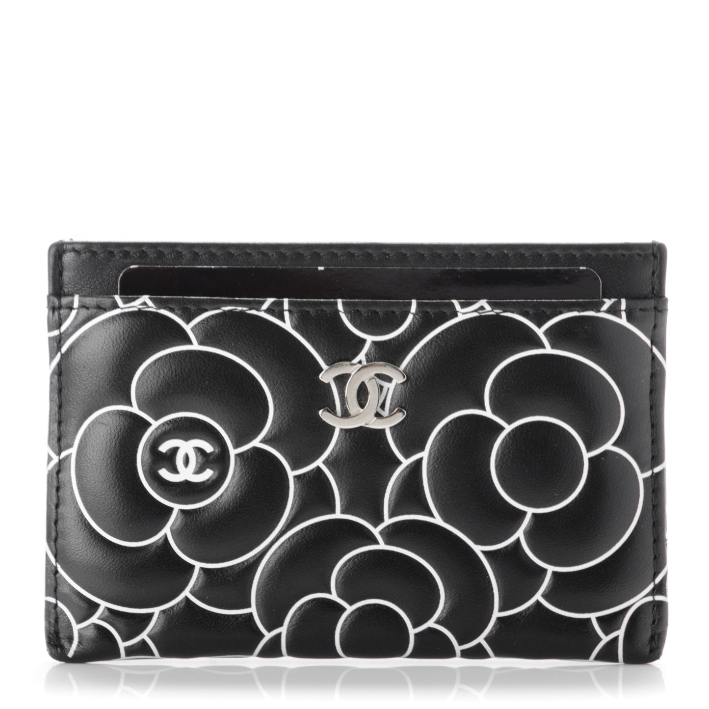 Lambskin Camellia Embossed Card Holder Black White