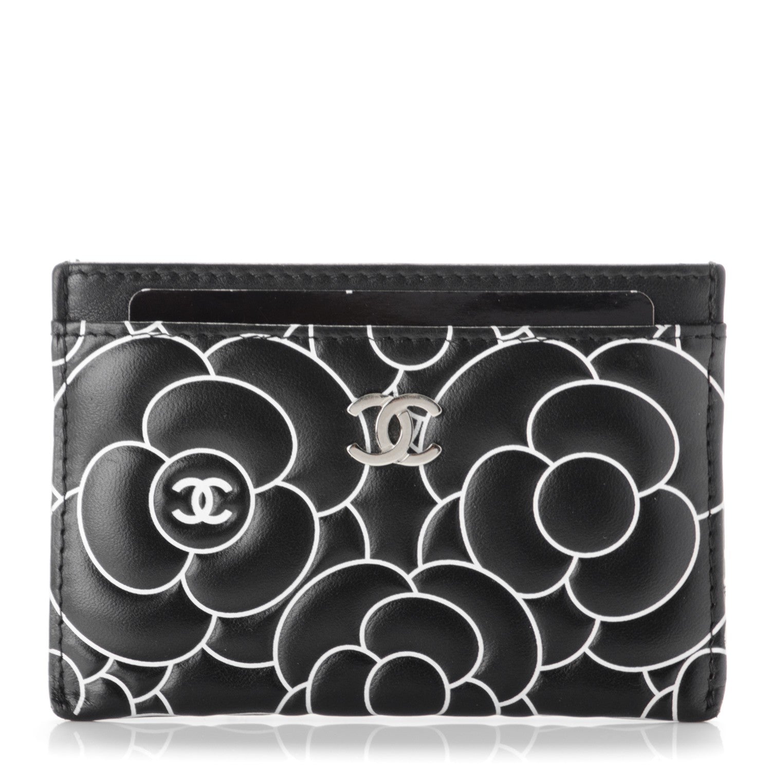 Chanel Lambskin Camellia Embossed Card Holder Black White 1 of 8