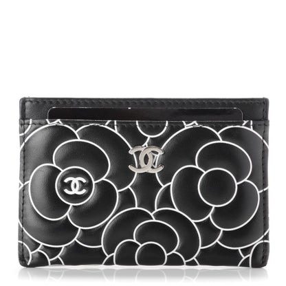 Chanel Lambskin Camellia Embossed Card Holder Black White 1 of 8
