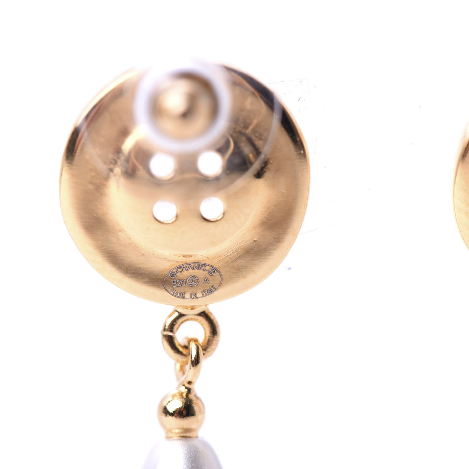 Chanel Metal Pearl Paris Button Drop Earrings Gold 4 of 5