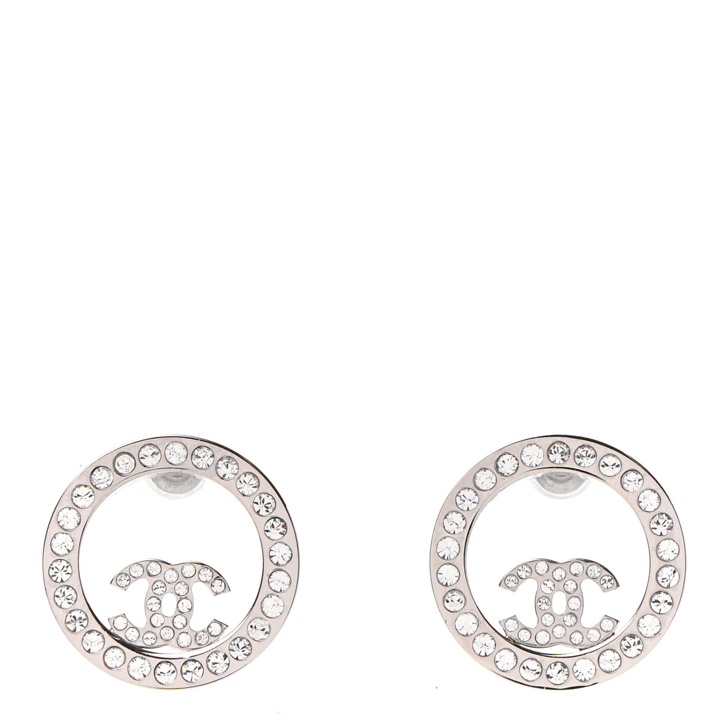 Chanel Crystal CC Round Earrings Silver 1 of 4