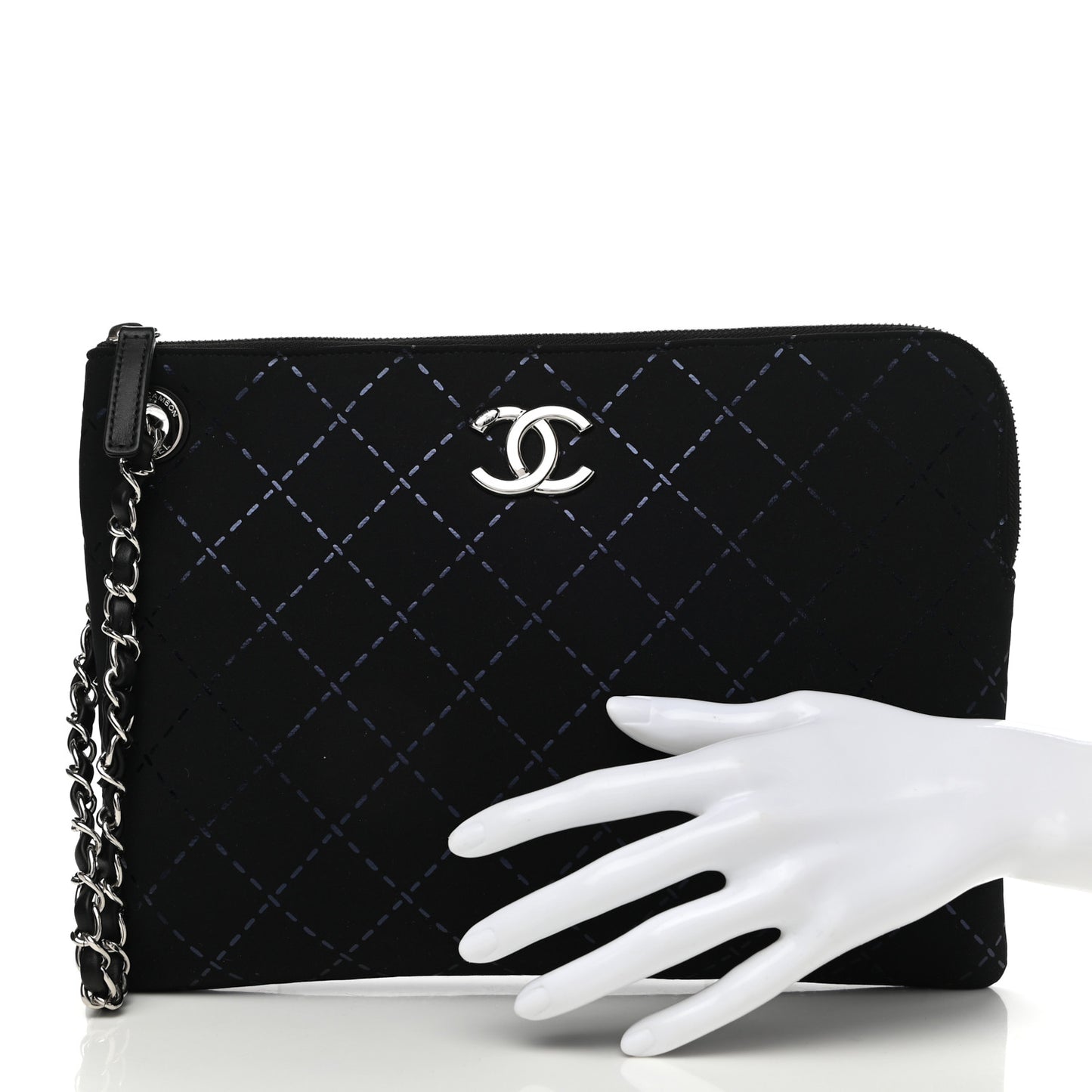 Neoprene Lambskin Printed Stitch Pouch With Handle Black