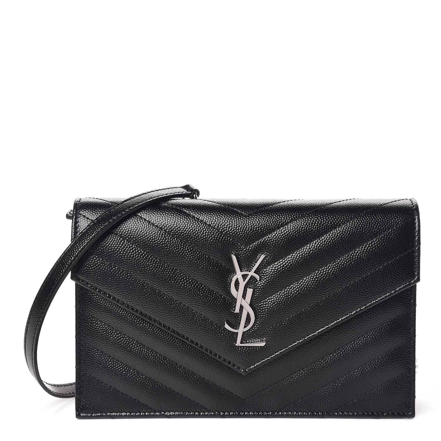 Saint Laurent Grain De Poudre Matelasse Chevron Monogram Envelope Chain Wallet Black 1 of 10