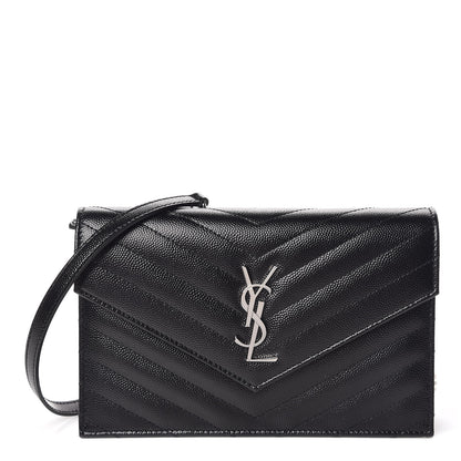 Saint Laurent Grain De Poudre Matelasse Chevron Monogram Envelope Chain Wallet Black 1 of 10