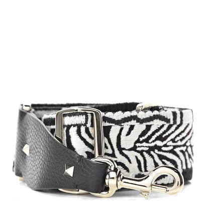 Valentino Garavani Canvas Zebra Embroidered Rockstud Guitar Strap Black White 1 of 4