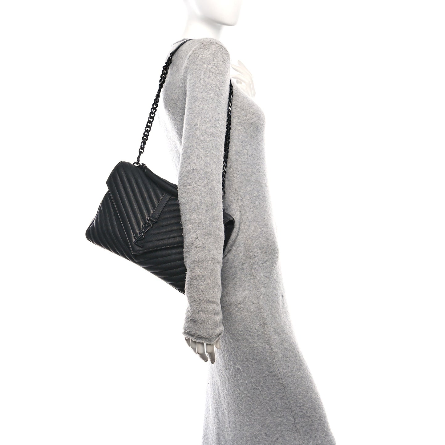 Sheepskin Matelasse Chevron Monogram Monochrome Large College Satchel Black