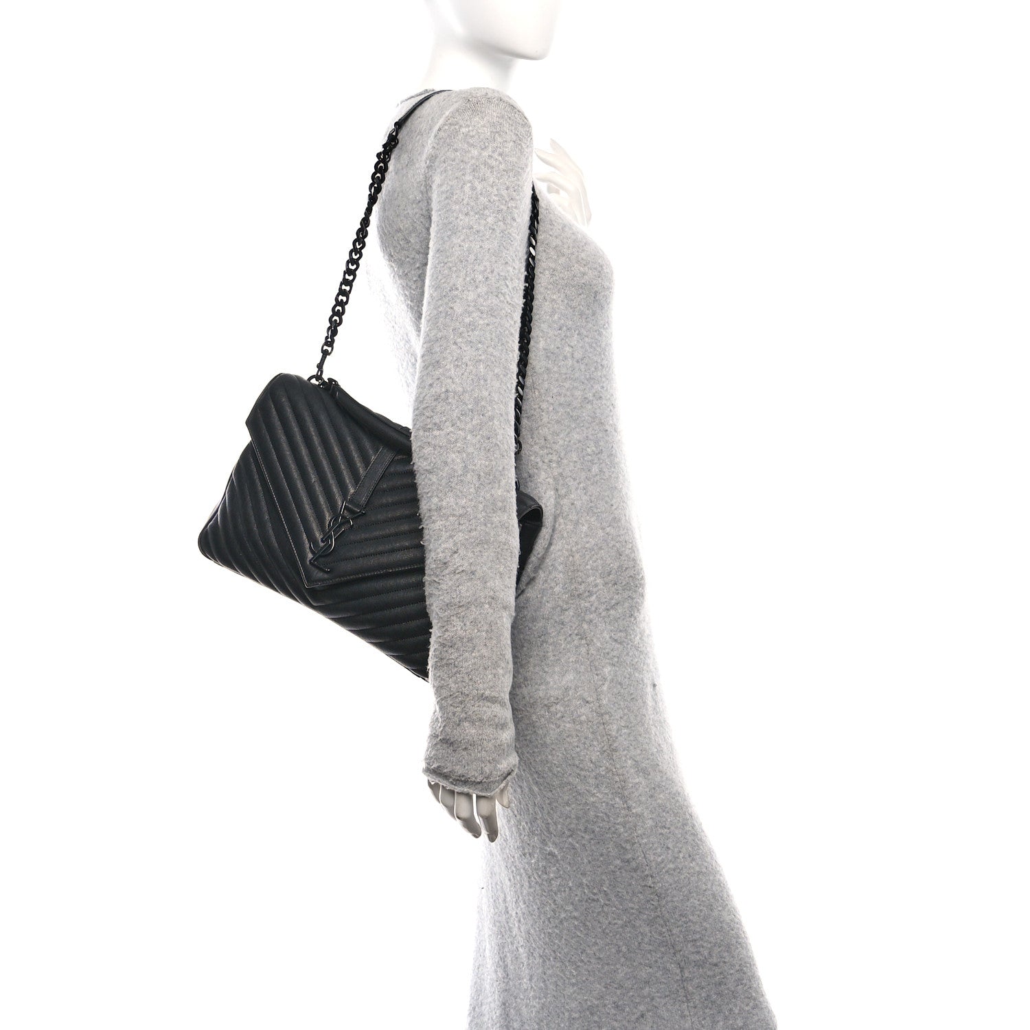 Saint Laurent Sheepskin Matelasse Chevron Monogram Monochrome Large College Satchel Black 2 of 10