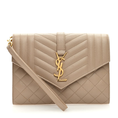 Saint Laurent Grain De Poudre Textured Mixed Matelasse Triquilt Monogram Clutch Dark Beige 1 of 6