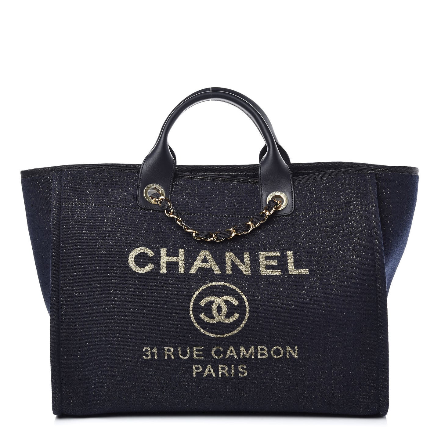 Lurex Canvas Medium Deauville Tote Navy Blue Gold