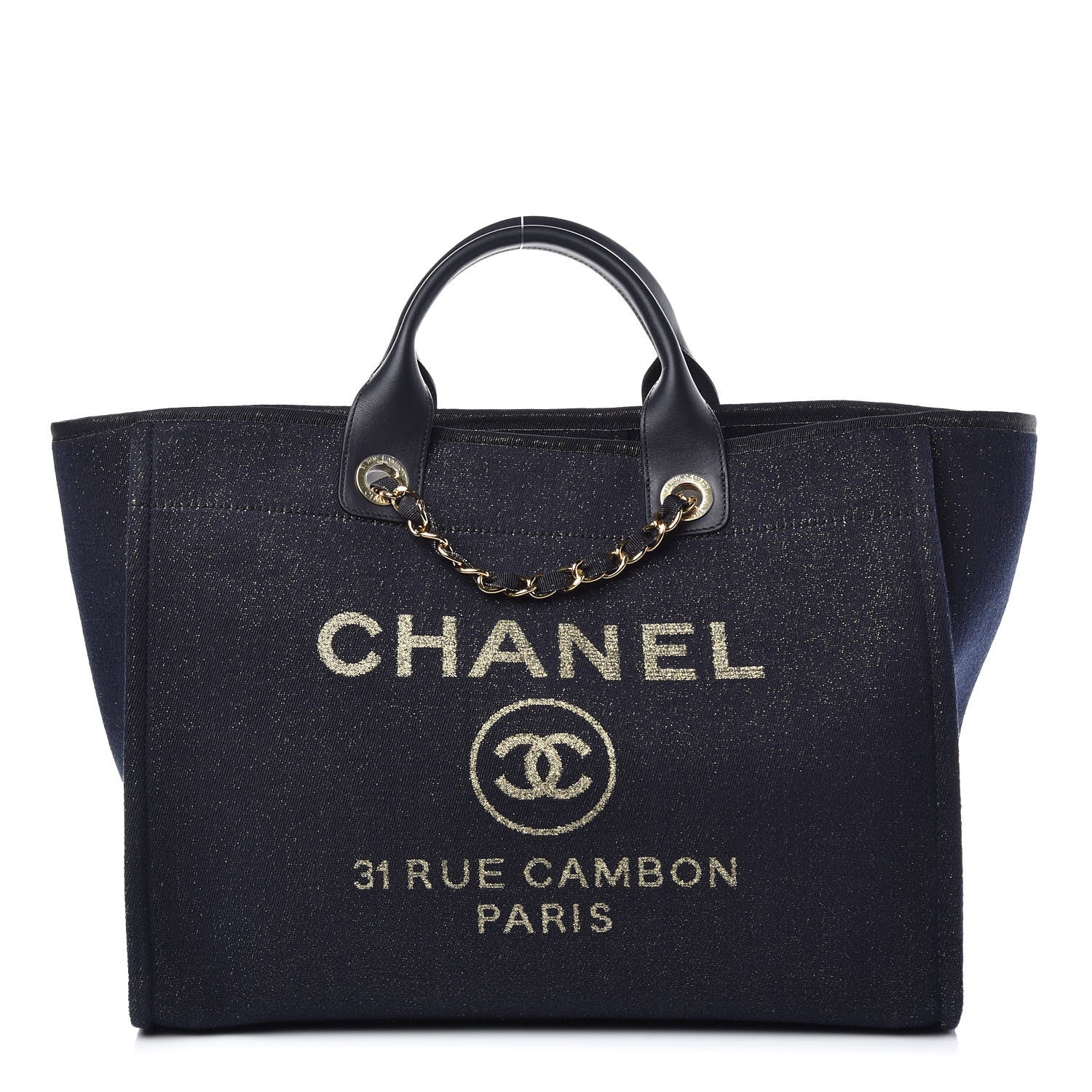 Chanel Lurex Canvas Medium Deauville Tote Navy Blue Gold 1 of 7