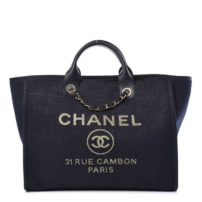 Chanel Lurex Canvas Medium Deauville Tote Navy Blue Gold 1 of 7