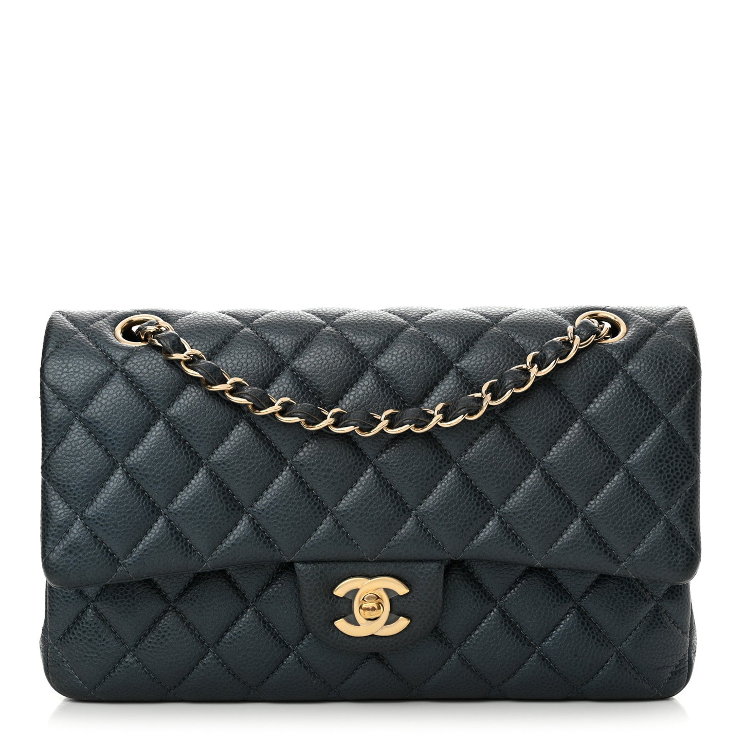 Iridescent Caviar Quilted Medium Double Flap Dark Blue