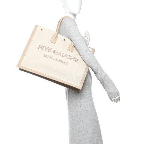 Linen Calfskin Rive Gauche Tote Beige Sea Salt