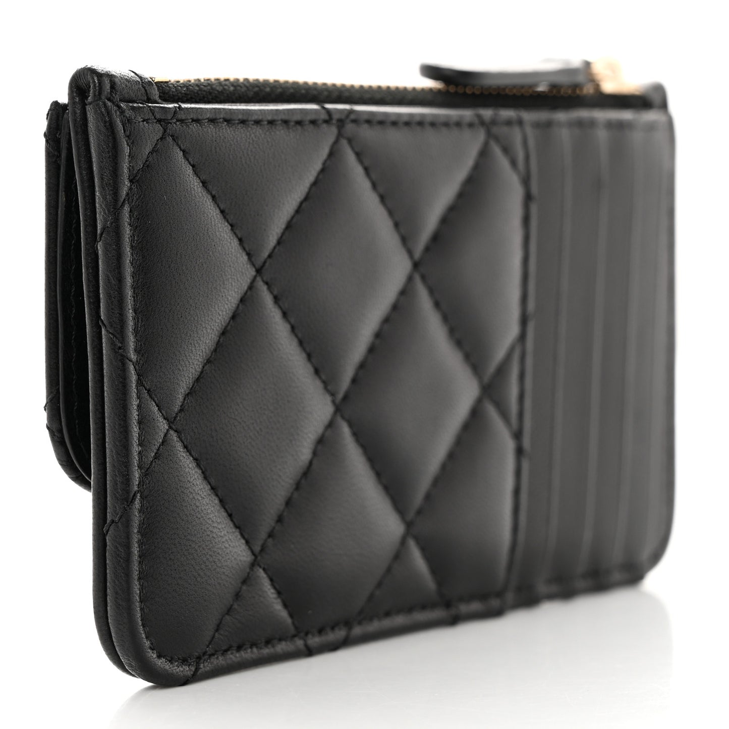 Lambskin Quilted Flap Zip Card Holder Black