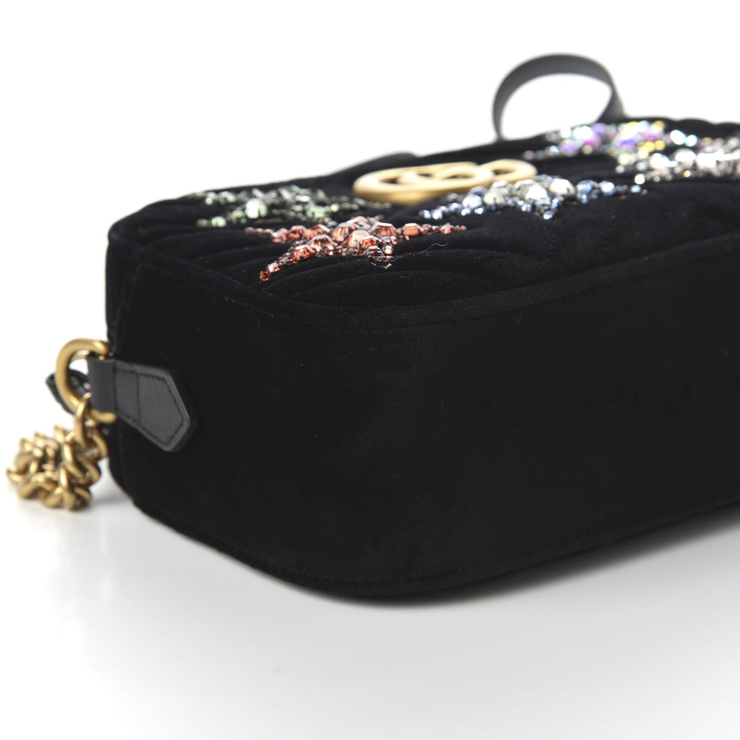 Velvet Matelasse Crystal Star Embroidered Small GG Marmont Chain Shoulder Bag Black