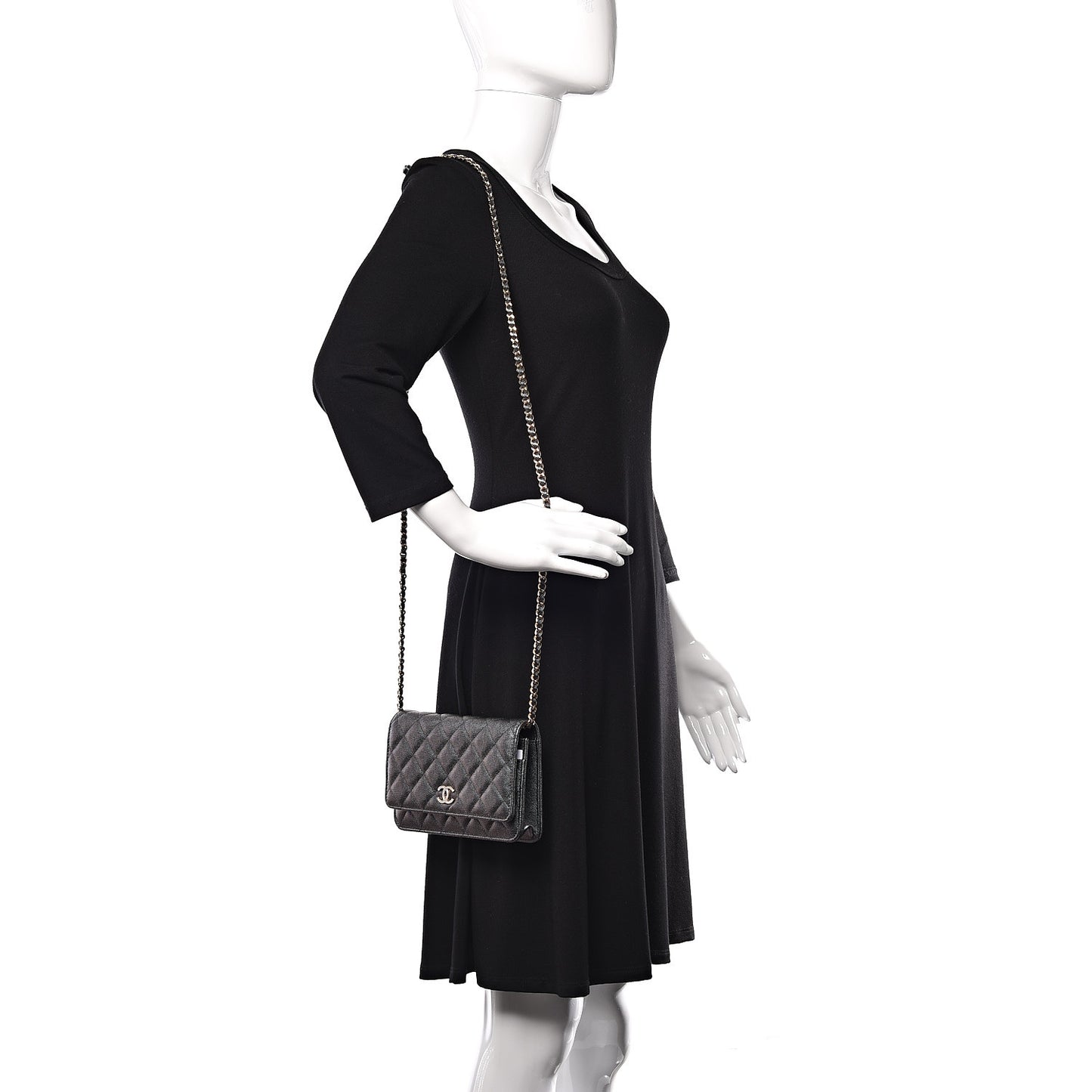 Iridescent Caviar Quilted Wallet On Chain WOC Black