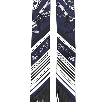 Hermes Silk Festival Des Amazones Bandana Fringed Twilly Bleu Black 2 of 4