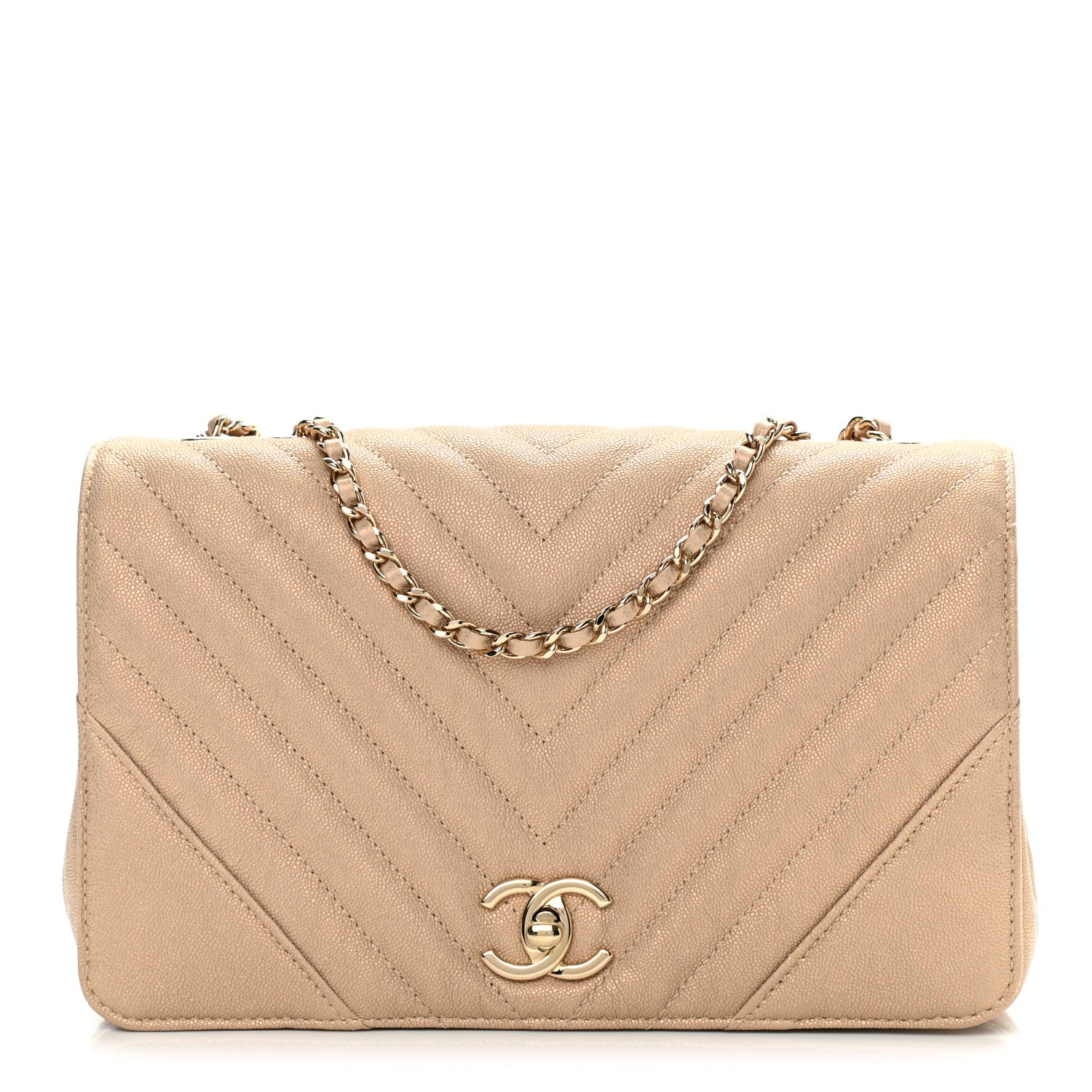 Chanel Metallic Caviar Chevron Quilted Medium Statement Flap Beige 1 of 10
