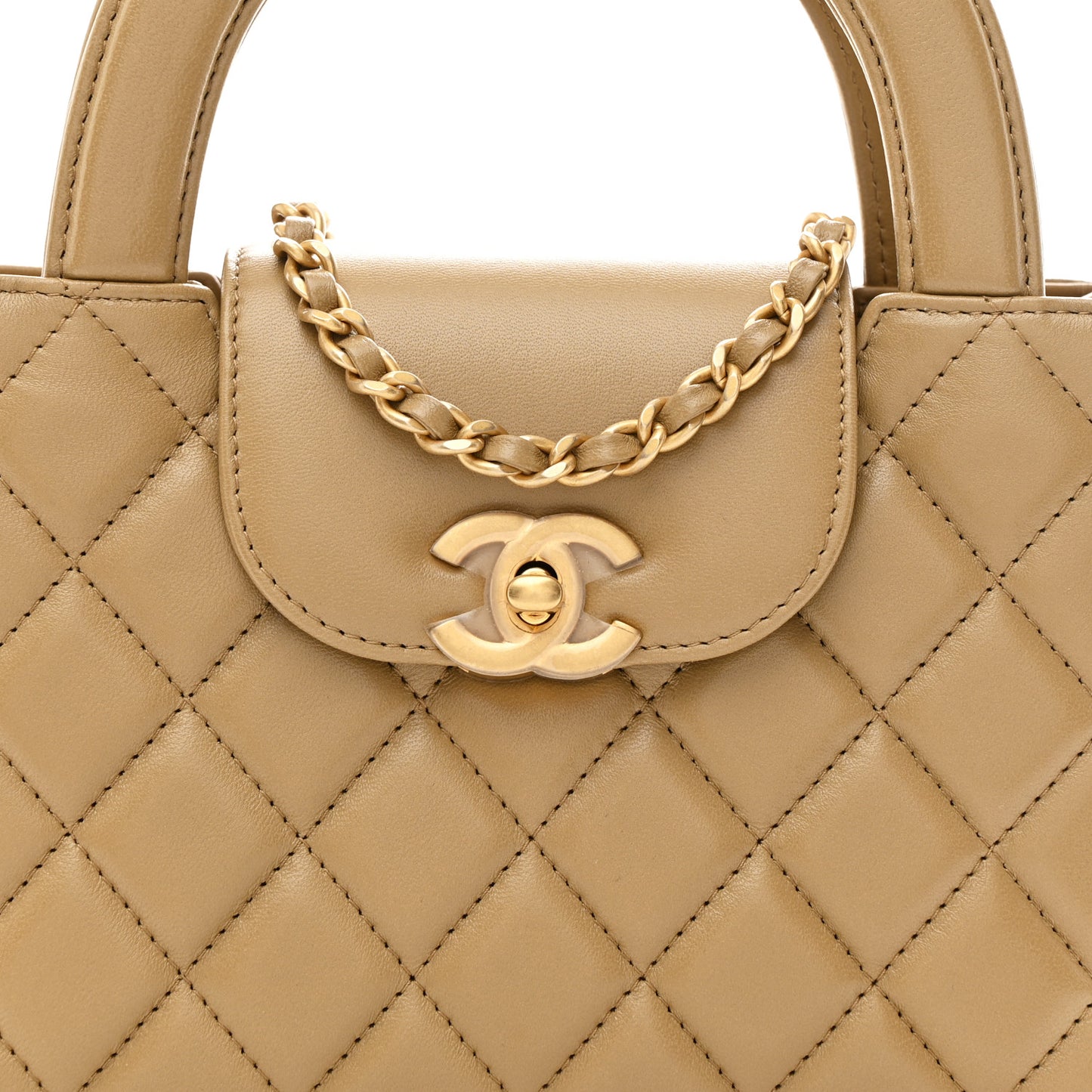 Shiny Aged Calfskin Quilted Nano Kelly Shopper Dark Beige