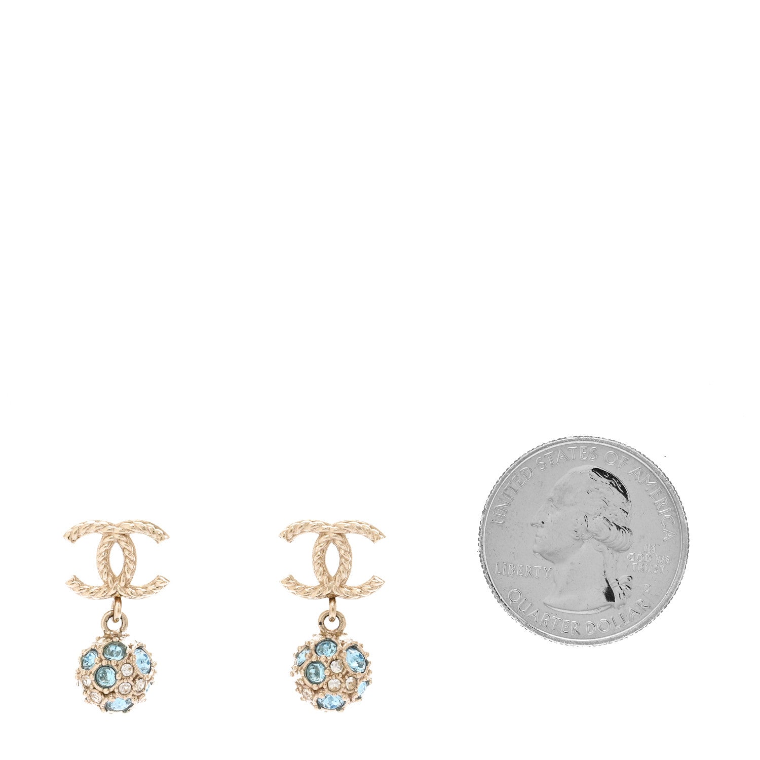Chanel Crystal CC Ball Drop Earrings Gold Blue 2 of 4