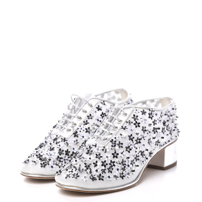 Chanel Mesh Sequin Flower Lace Up Loafers 37 Silver 3 of 9