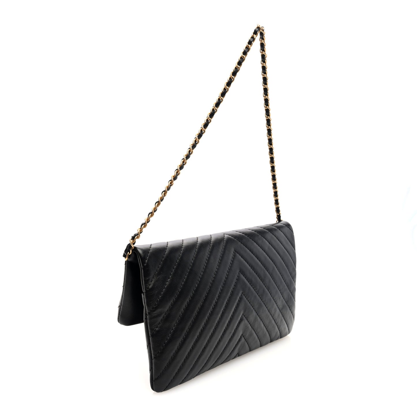 Lambskin Chevron Quilted Fold Over Clutch Black