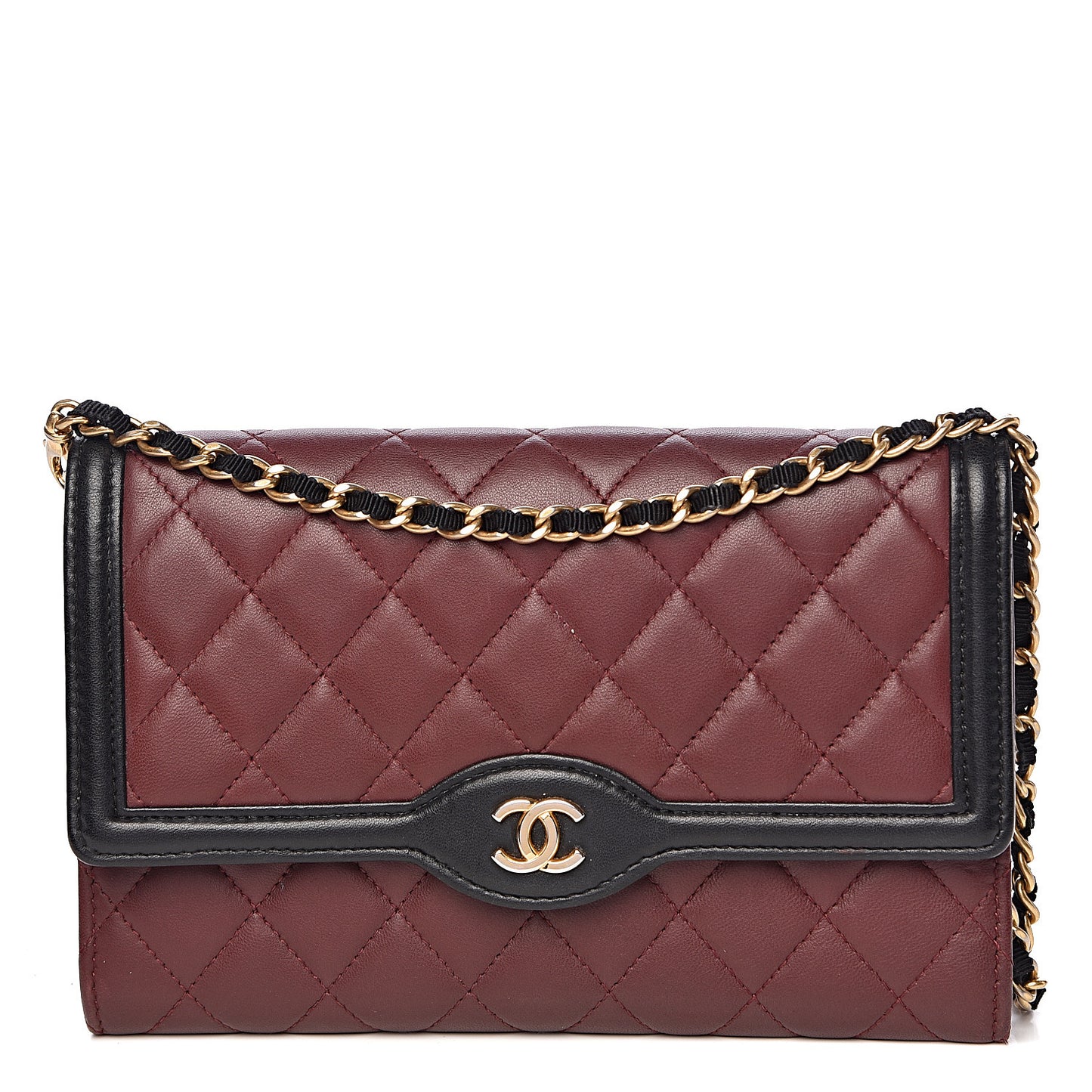 Lambskin Quilted Two Tone Clutch With Chain Burgundy Black