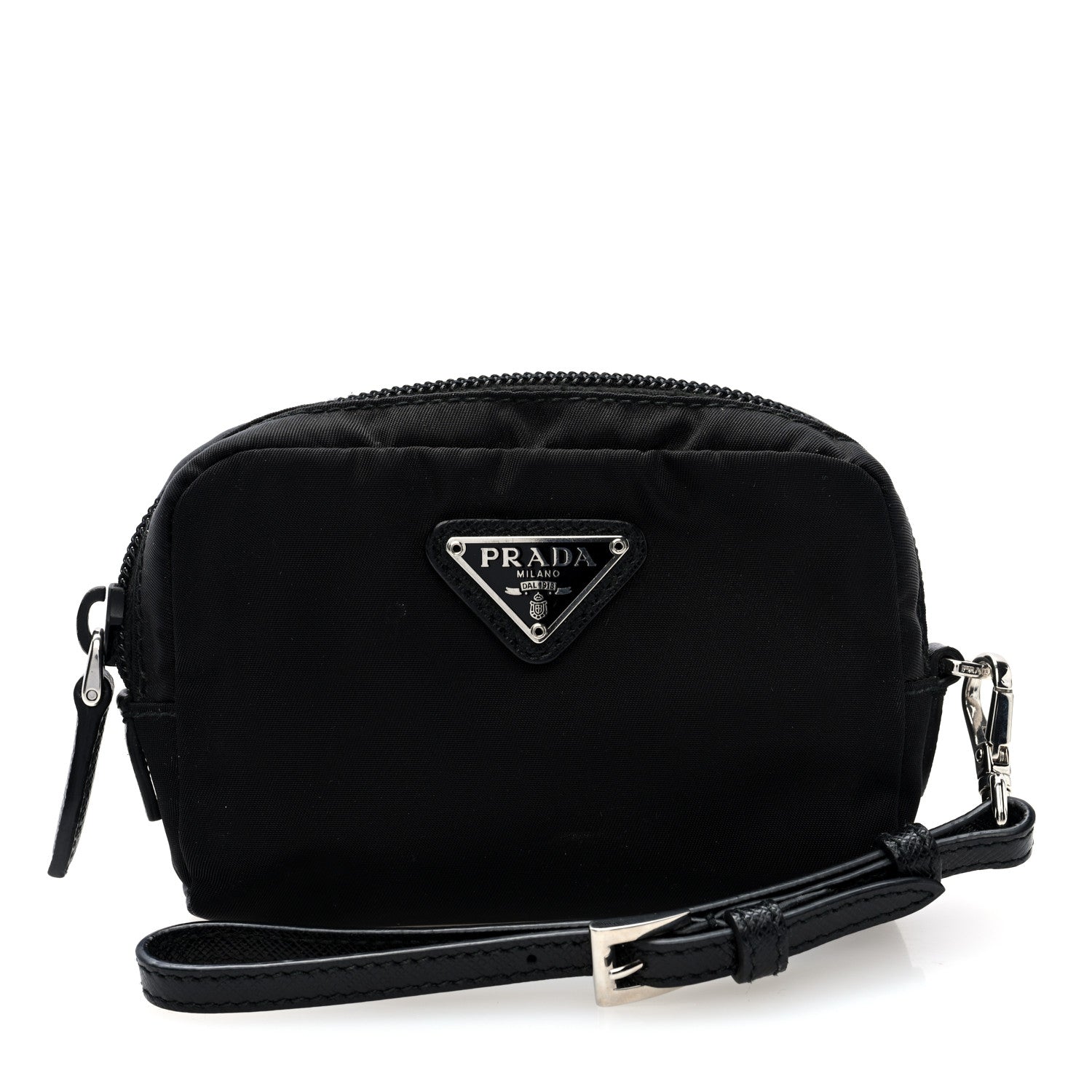 Prada Nylon Saffiano Triangle Mini Wristlet Pouch Black 1 of 6