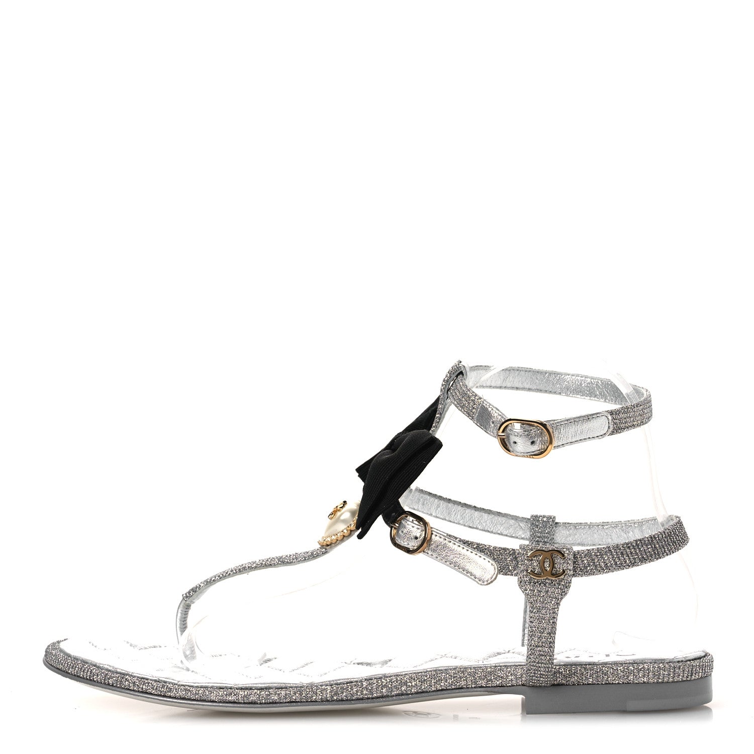 Chanel Fabric Grosgrain Pearl Crystal Thong Sandals 40 Silver Black 1 of 11