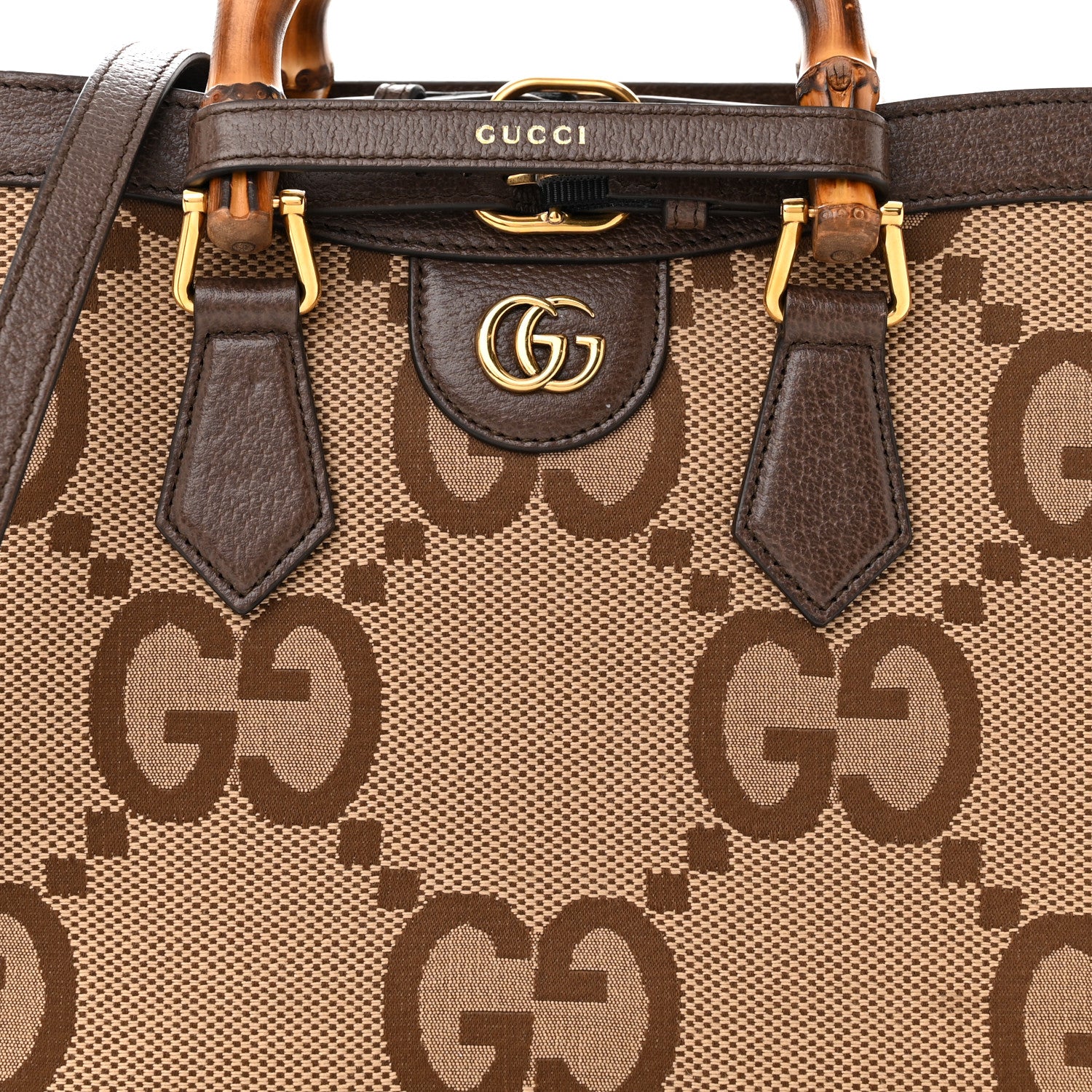 Gucci Monogram Jumbo GG Textured Dollar Calfskin Small Diana Tote Bag Camel Ebony New Acero 9 of 12