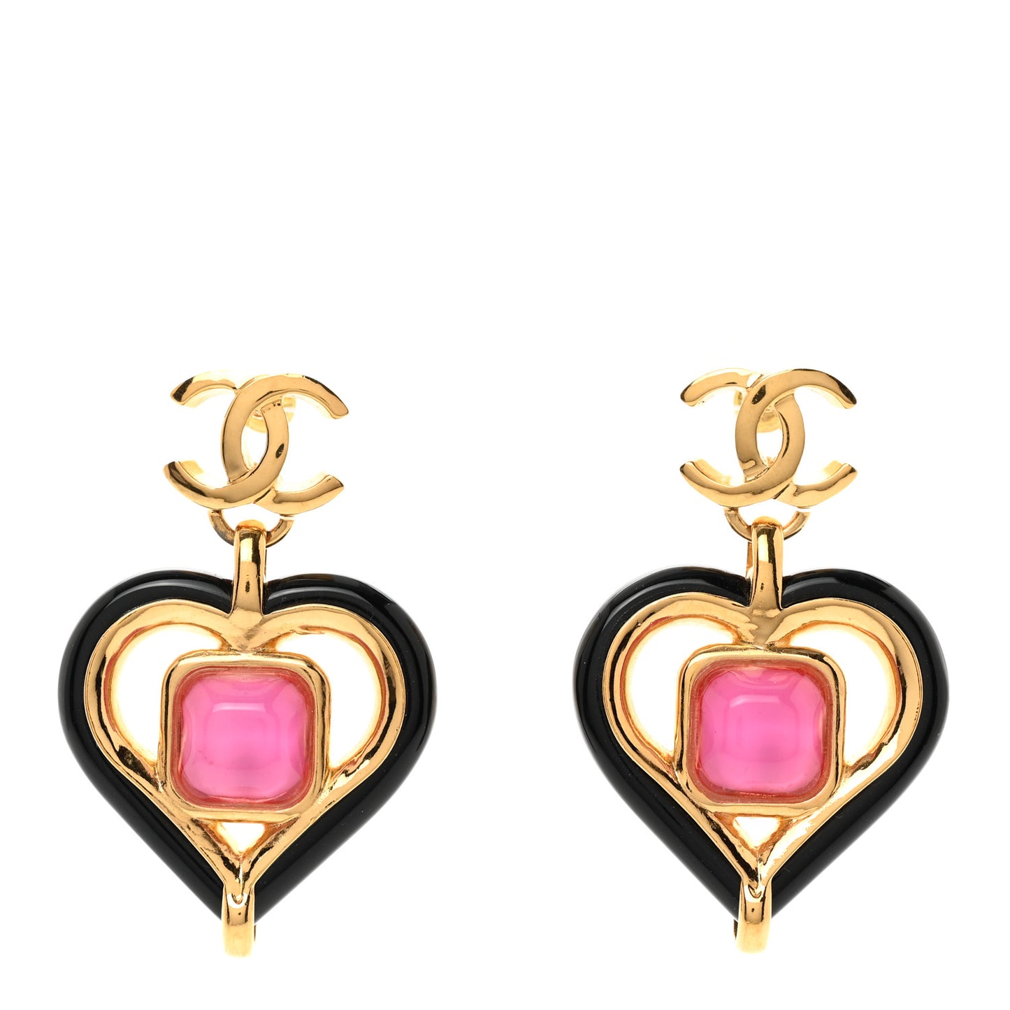 Resin Heart CC Drop Earrings Black Pink Gold