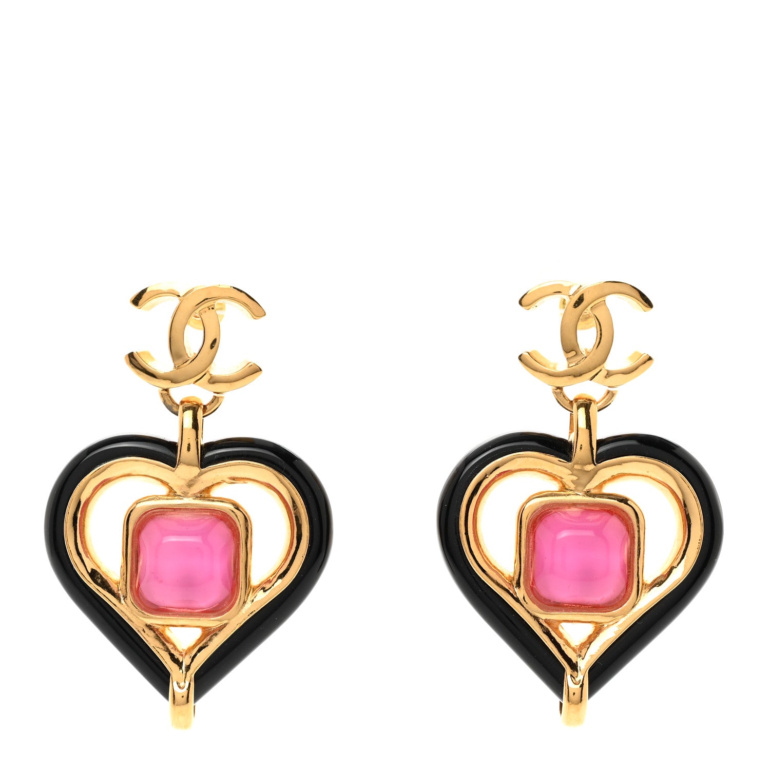 Chanel Resin Heart CC Drop Earrings Black Pink Gold 1 of 6