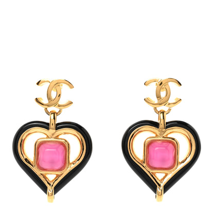 Chanel Resin Heart CC Drop Earrings Black Pink Gold 1 of 6