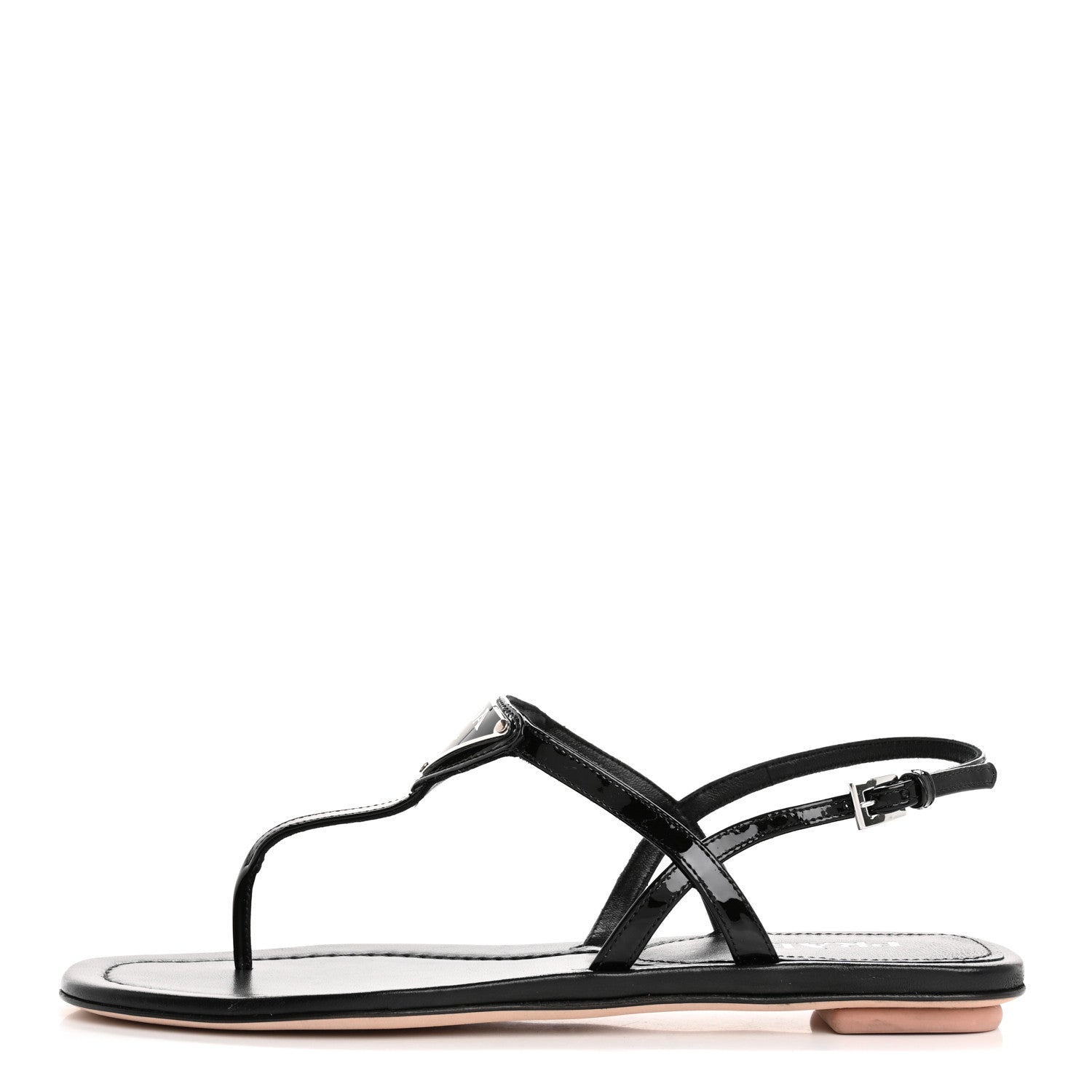 Prada Vernice Metal Triangle Logo Slingback Flat Thong Sandals 39 Black 1 of 10