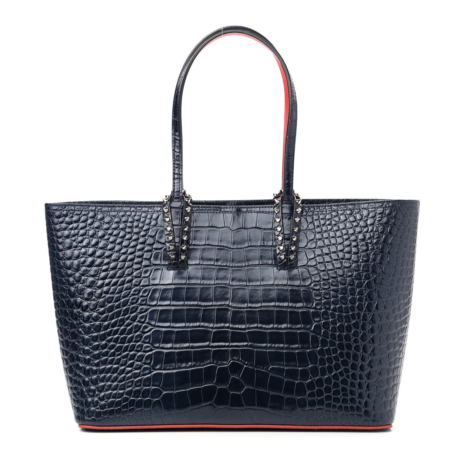 Christian Louboutin Calfskin Crocodile Embossed Spikes East West Cabata Tote Navy 1 of 8