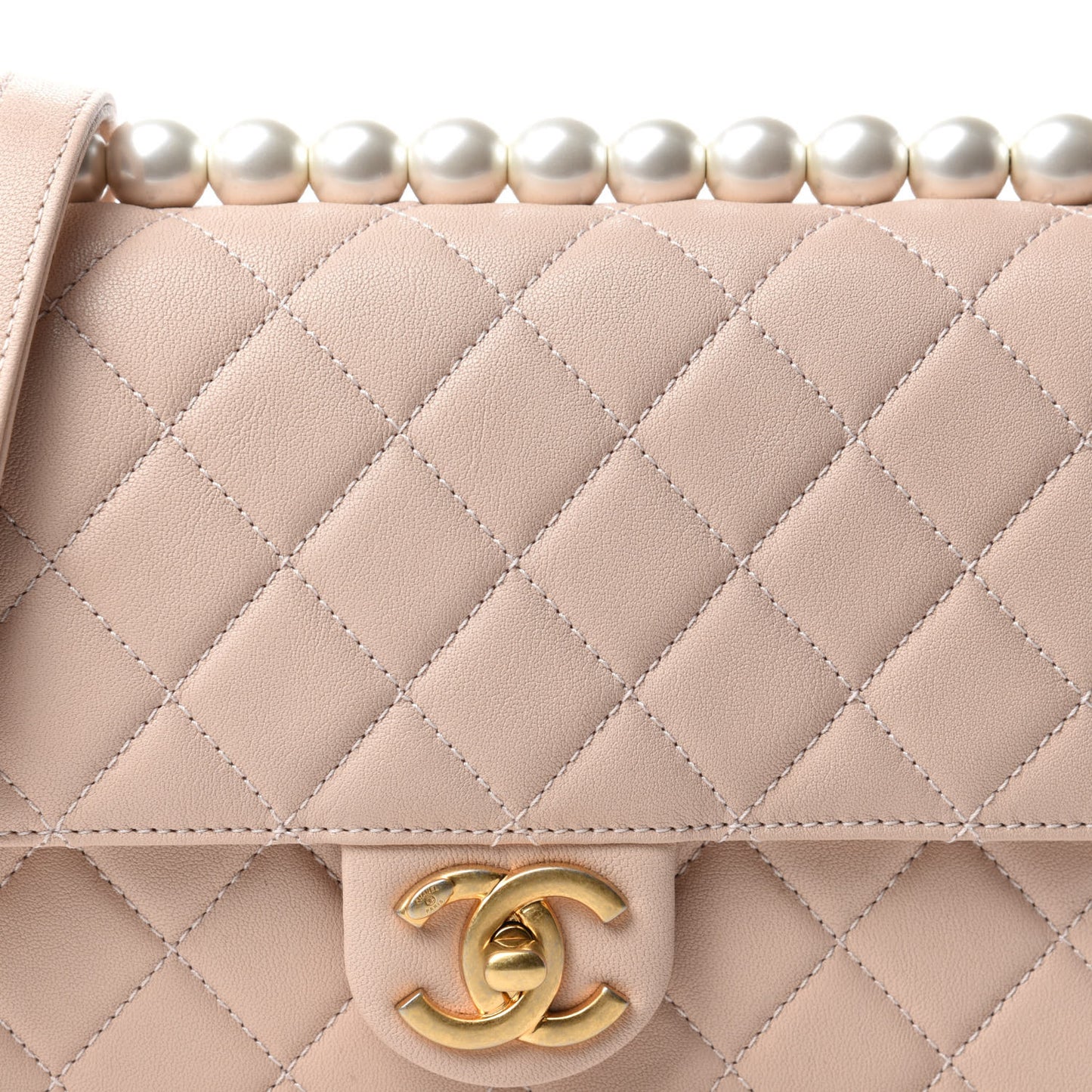 Lambskin Quilted Small Chic Pearls Flap Beige