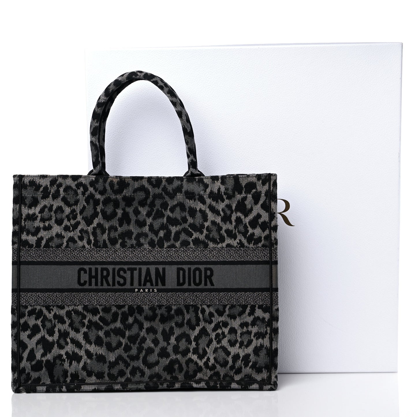 Canvas Mizza Embroidered Large Leopard Book Tote Grey
