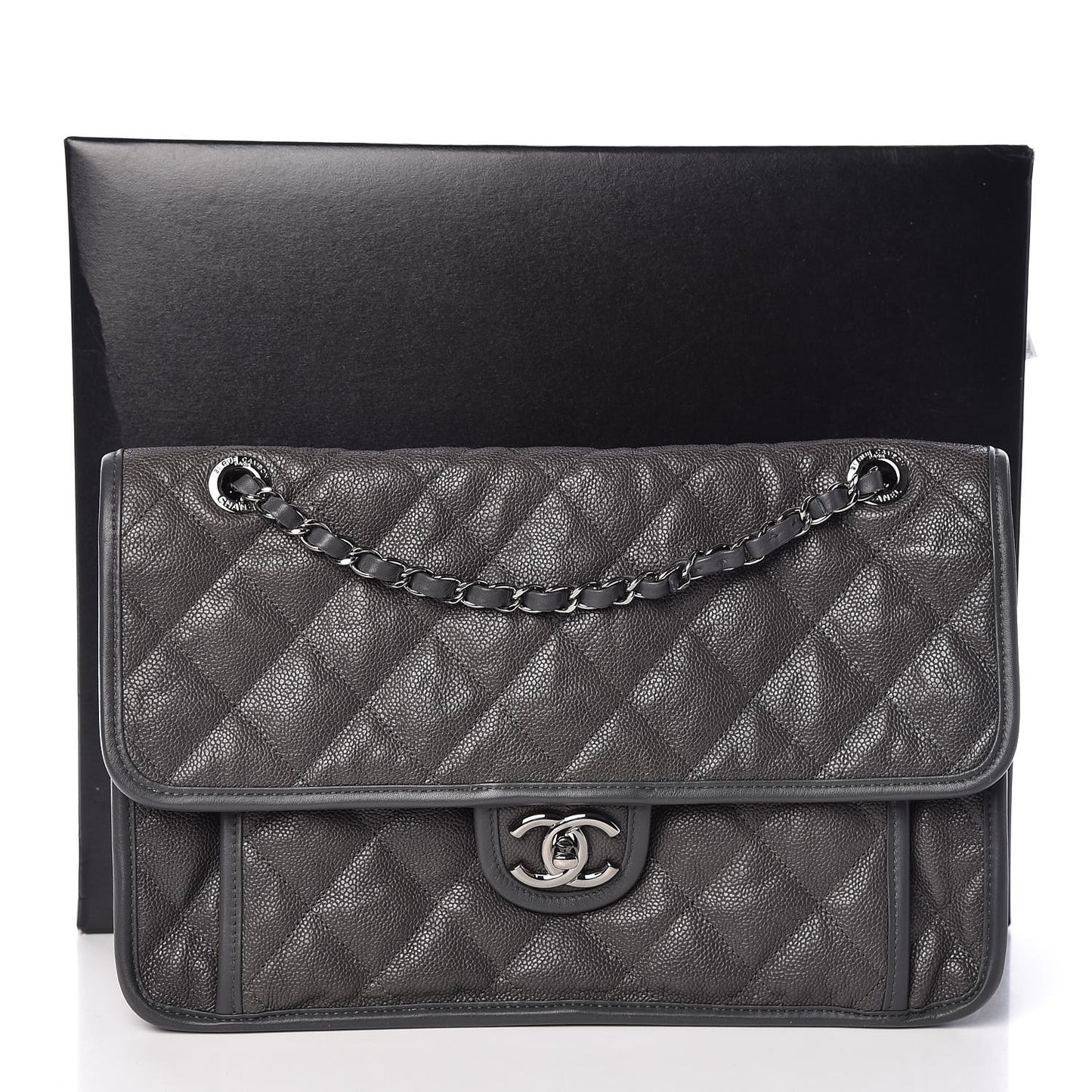 Caviar Quilted Large French Riviera Flap Dark Grey