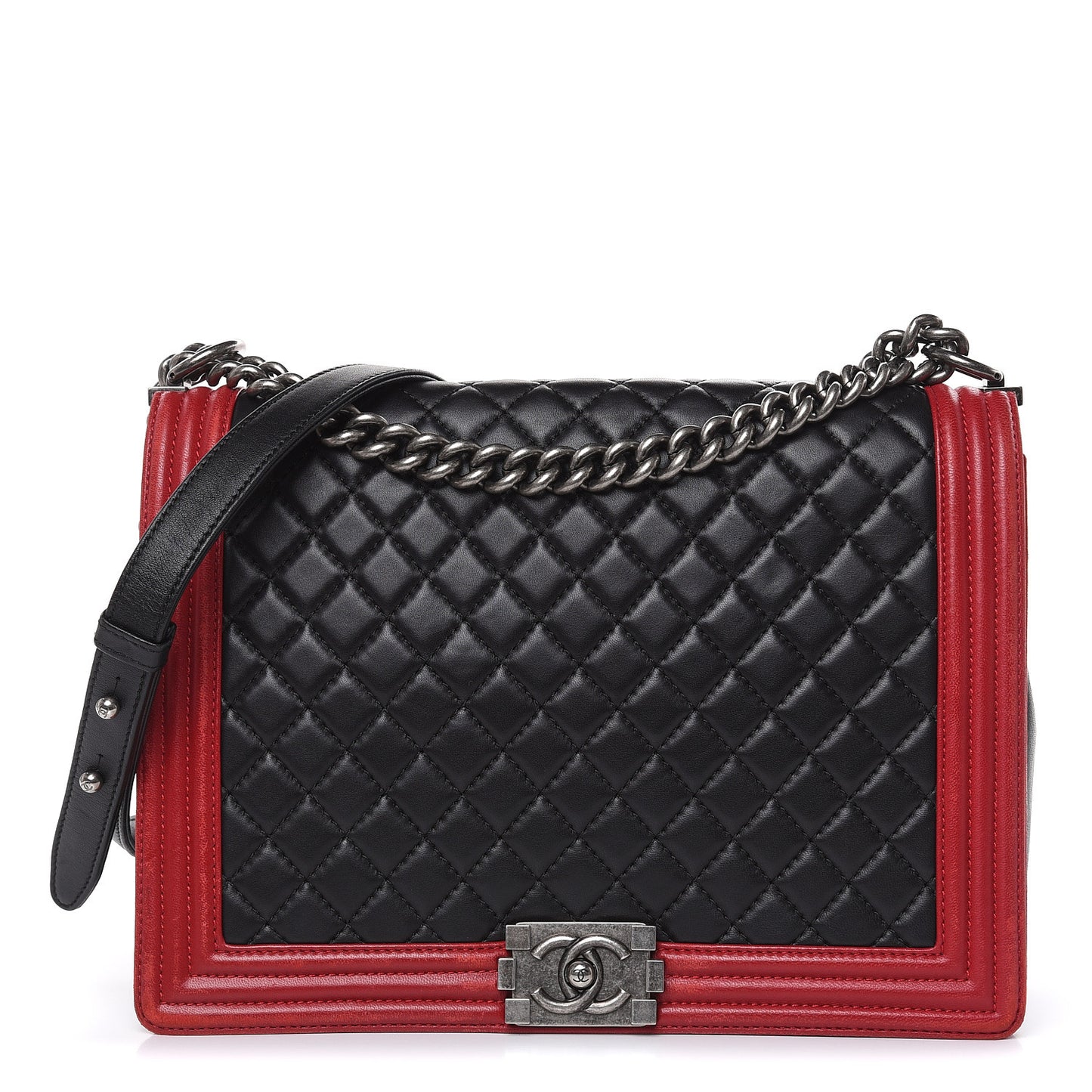 Lambskin Quilted Large Boy Flap Black Red
