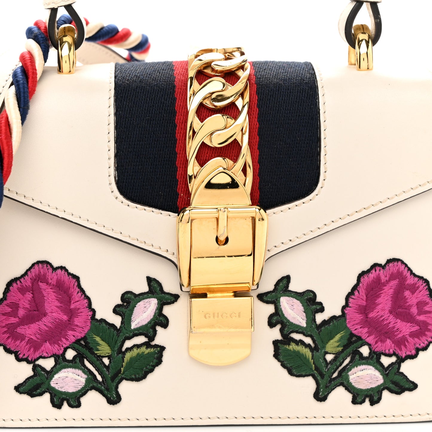 Calfskin Embroidered Mini Sylvie Top Handle Bag White